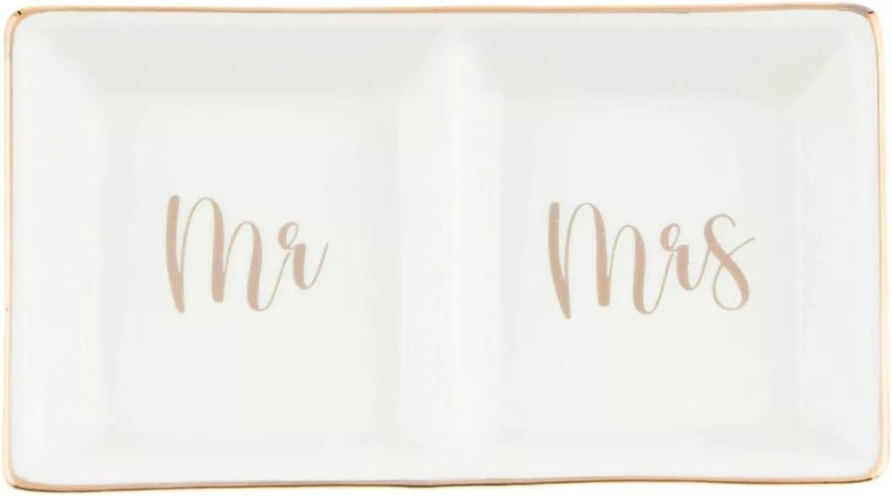 Mr & Mrs Ring Dish, Ceramic Jewelry Holder, Engagement Wedding Gift (Gold)